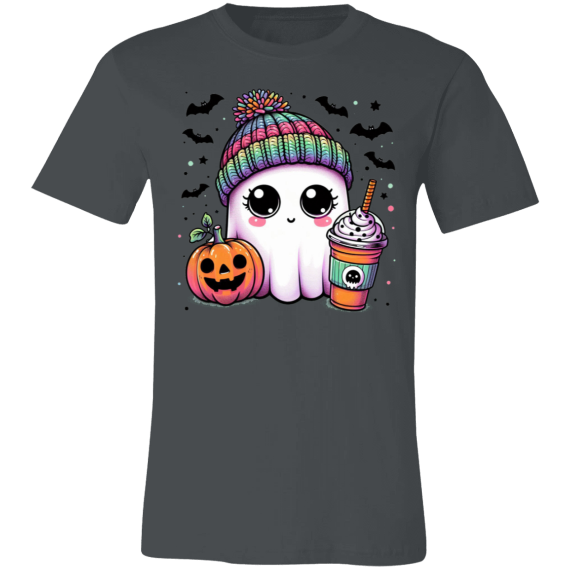 Rainbow Hat Ghost With Latte | Jersey Short-Sleeve T-Shirt | Halloween Spooky