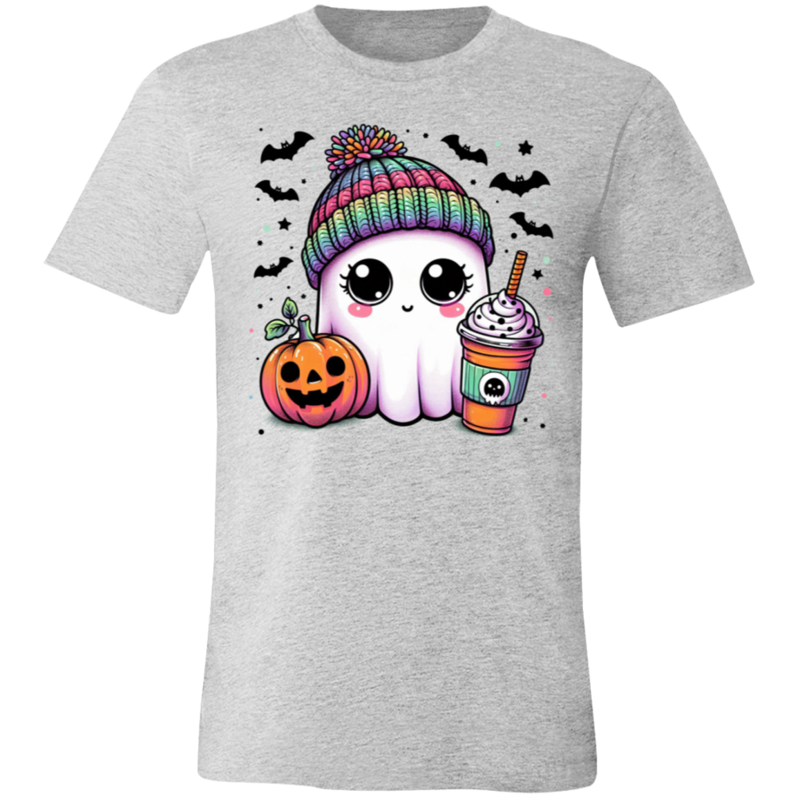 Rainbow Hat Ghost With Latte | Jersey Short-Sleeve T-Shirt | Halloween Spooky
