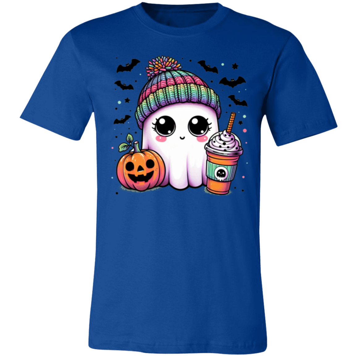Rainbow Hat Ghost With Latte | Jersey Short-Sleeve T-Shirt | Halloween Spooky