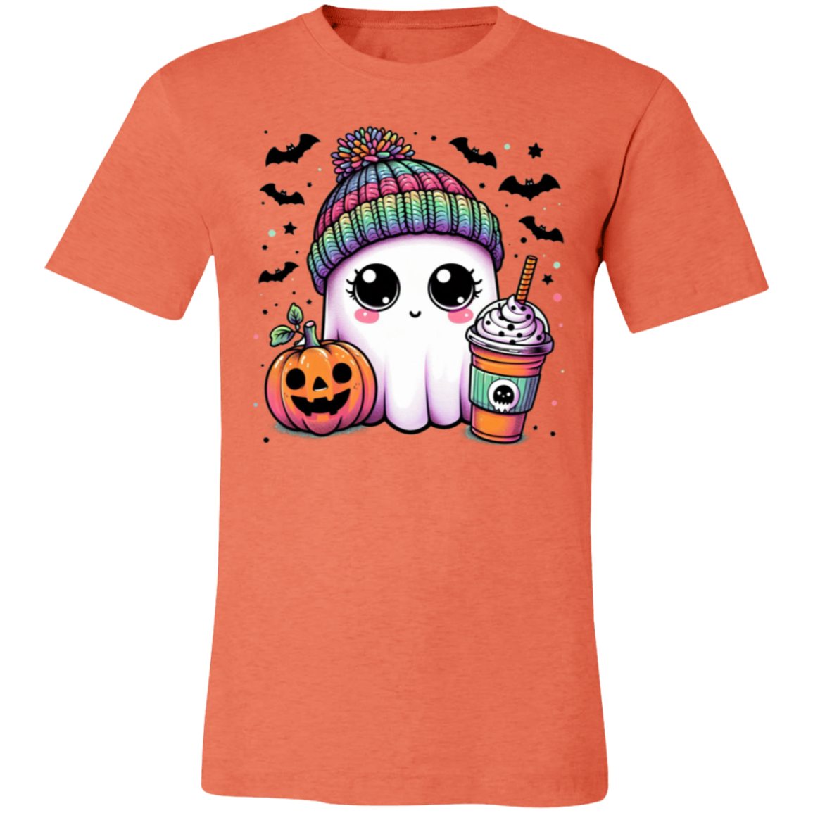 Rainbow Hat Ghost With Latte | Jersey Short-Sleeve T-Shirt | Halloween Spooky