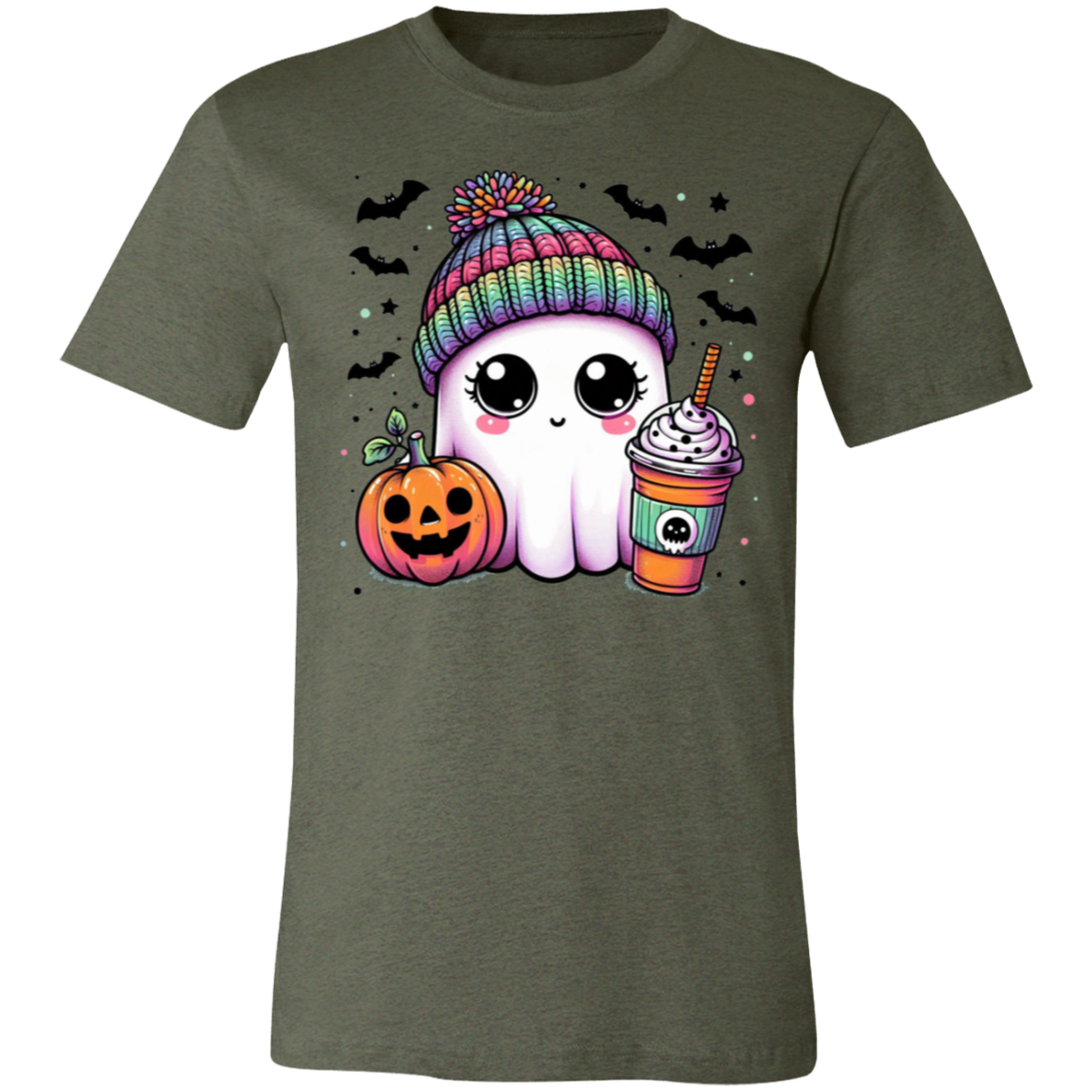 Rainbow Hat Ghost With Latte | Jersey Short-Sleeve T-Shirt | Halloween Spooky