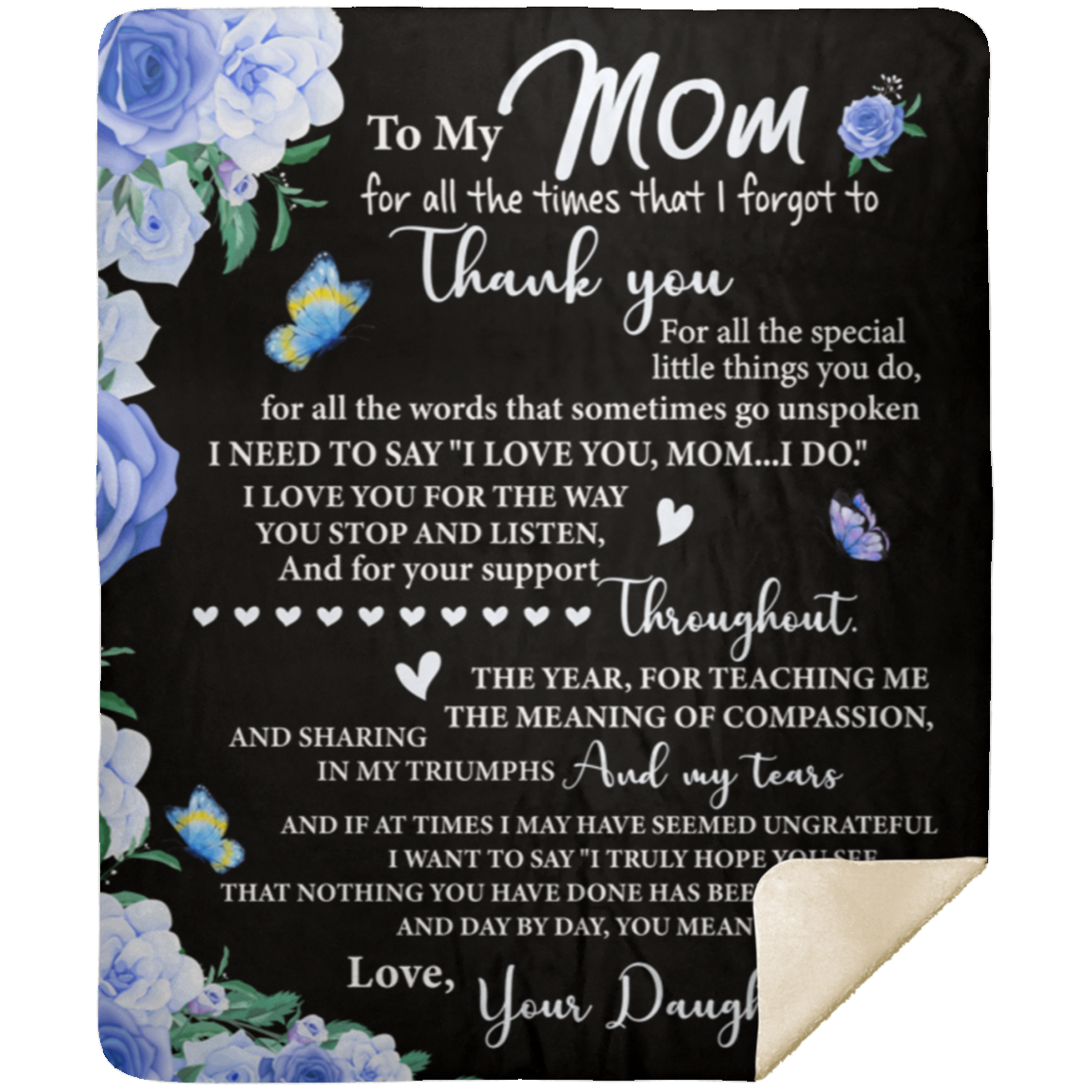To My Mom | Love Your Daughter | Black and Blue Floral | Premium Sherpa Blanket | 50x60