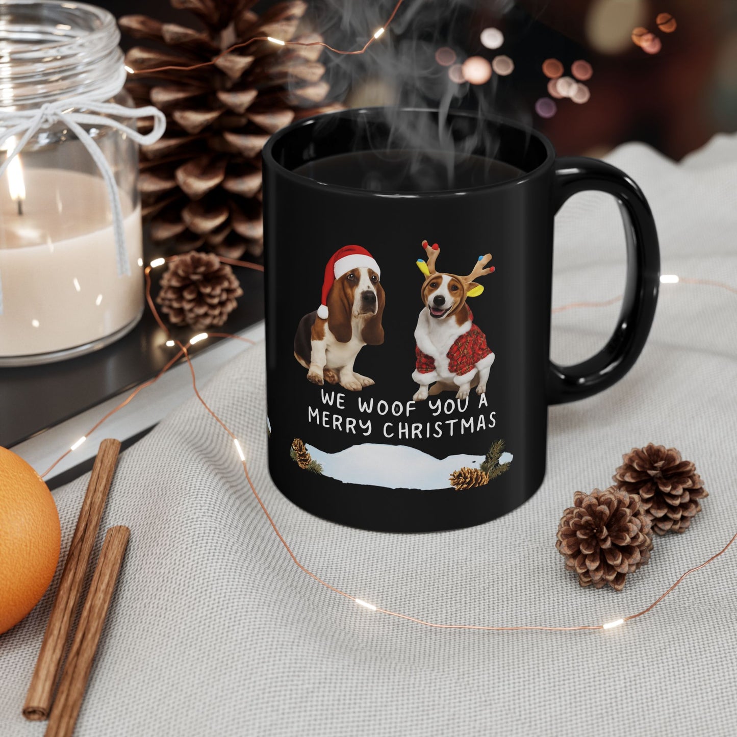 “We Woof You a Merry Christmas” Dog Lover Mug | Black Ceramic Holiday Coffee Cup (11oz) | Funny Pet Parent Gift