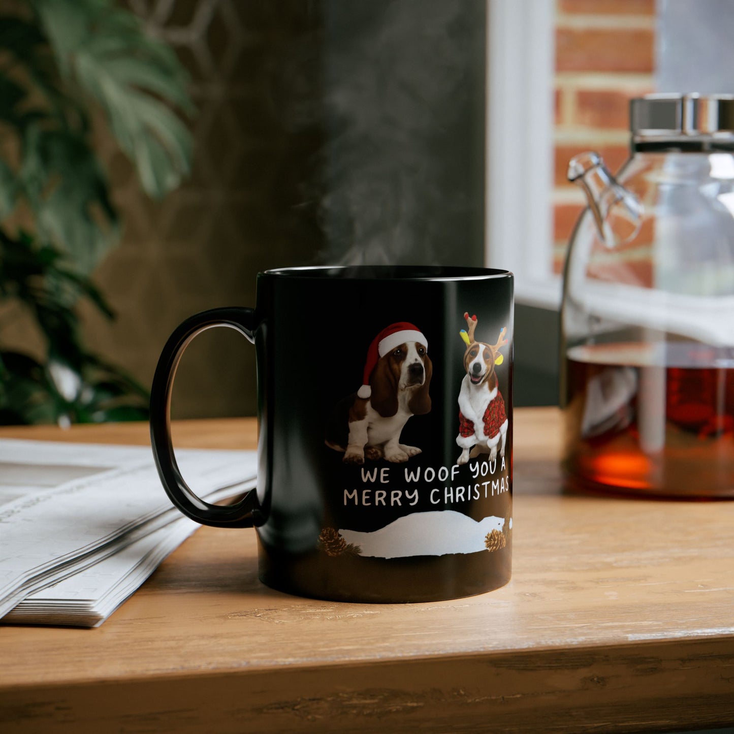 “We Woof You a Merry Christmas” Dog Lover Mug | Black Ceramic Holiday Coffee Cup (11oz) | Funny Pet Parent Gift