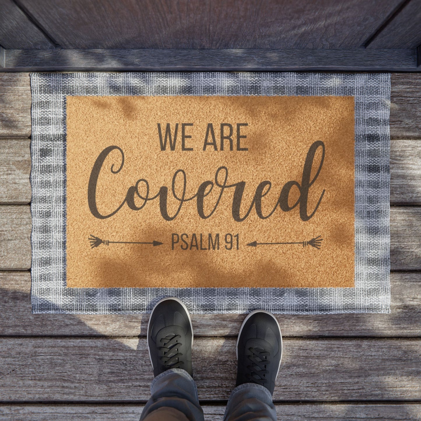 We Are Covered” Psalm 91 Welcome Doormat | Rustic Coir Entrance Mat | Faith-Inspired Home Décor