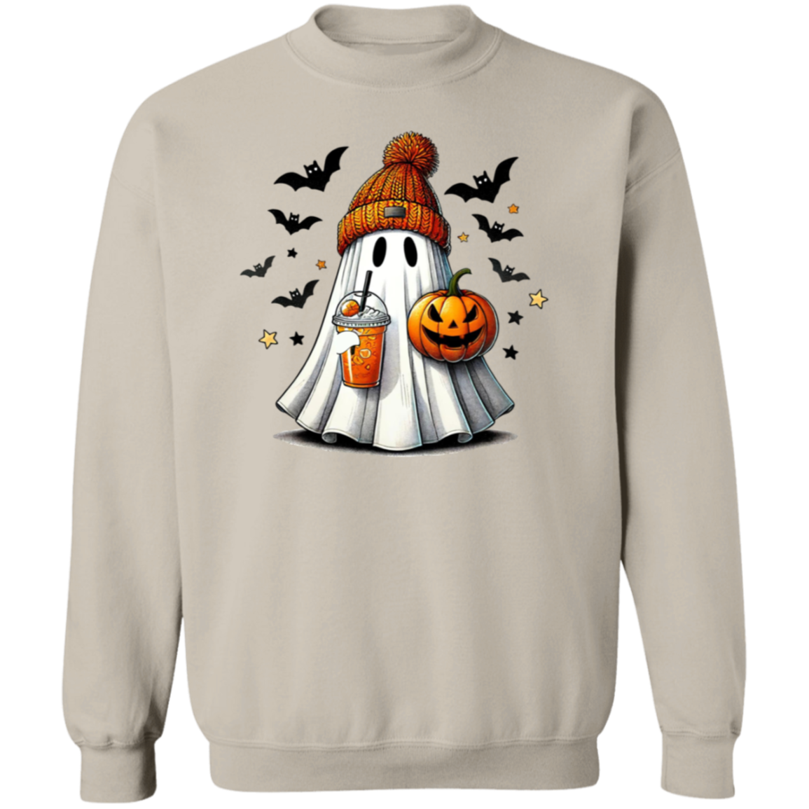 Ghost with Drink and Pumpkin | Cool Ghoul | Crewneck Pullover Sweatshirt