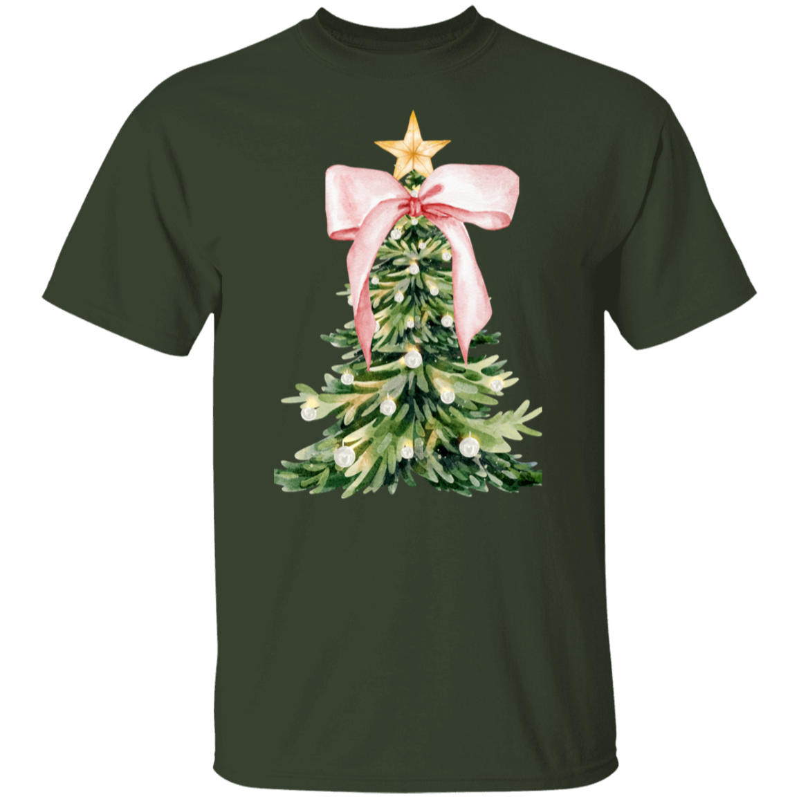 Coquette Christmas Tree Pink Ribbon Gold Star Crewneck T-Shirt / Sweatshirt