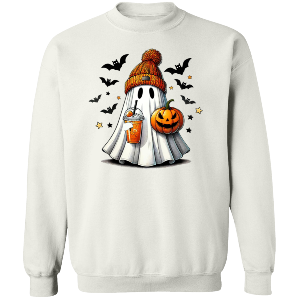 Ghost with Drink and Pumpkin | Cool Ghoul | Crewneck Pullover Sweatshirt