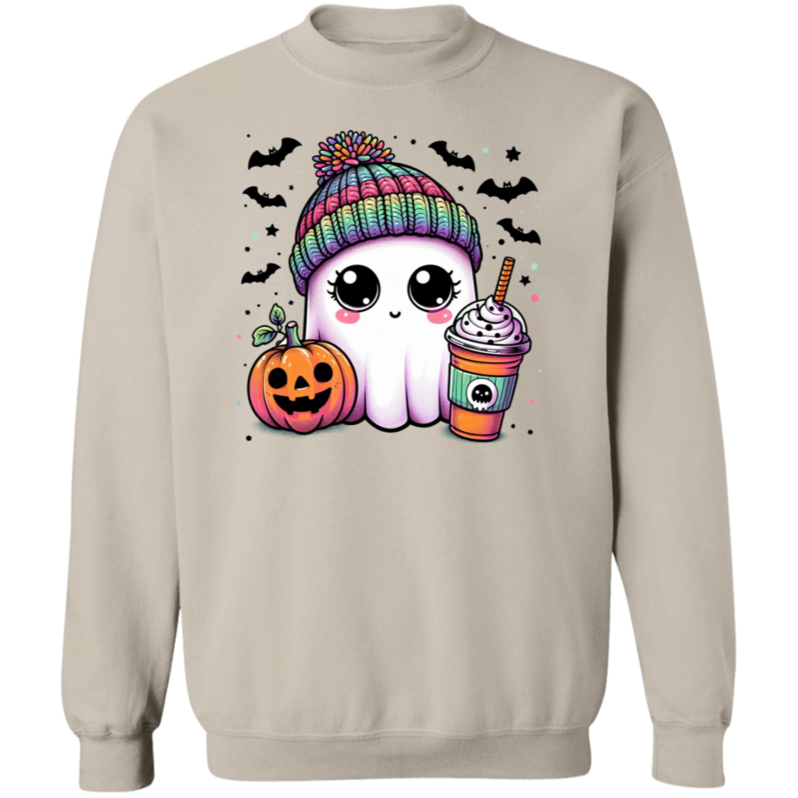 Rainbow Hat Happy Ghost With Latte | Crewneck Pullover Sweatshirt | Halloween