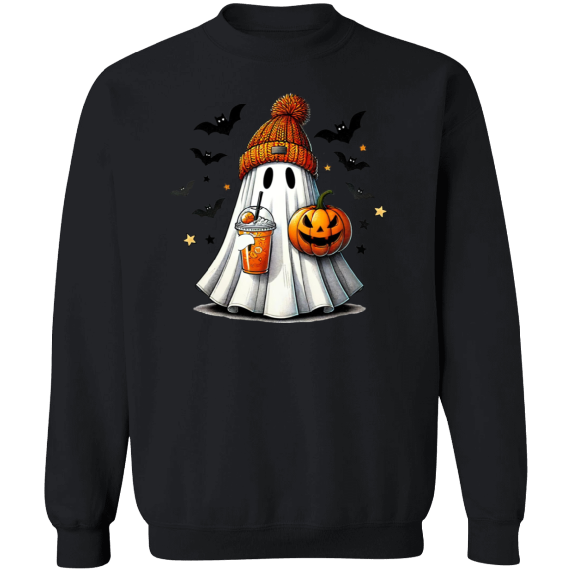 Ghost with Drink and Pumpkin | Cool Ghoul | Crewneck Pullover Sweatshirt