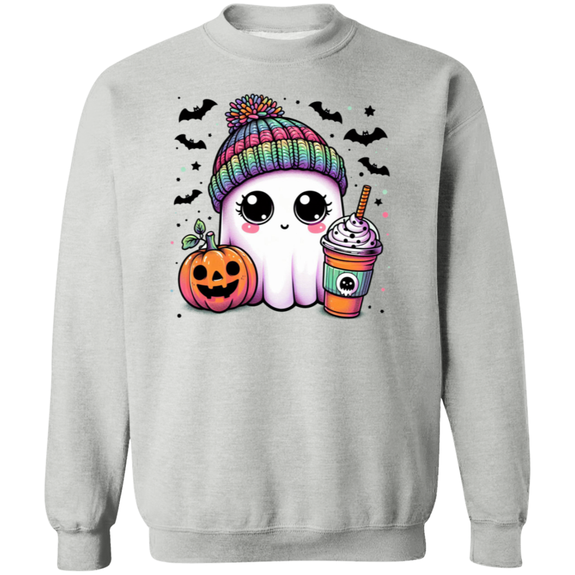 Rainbow Hat Happy Ghost With Latte | Crewneck Pullover Sweatshirt | Halloween