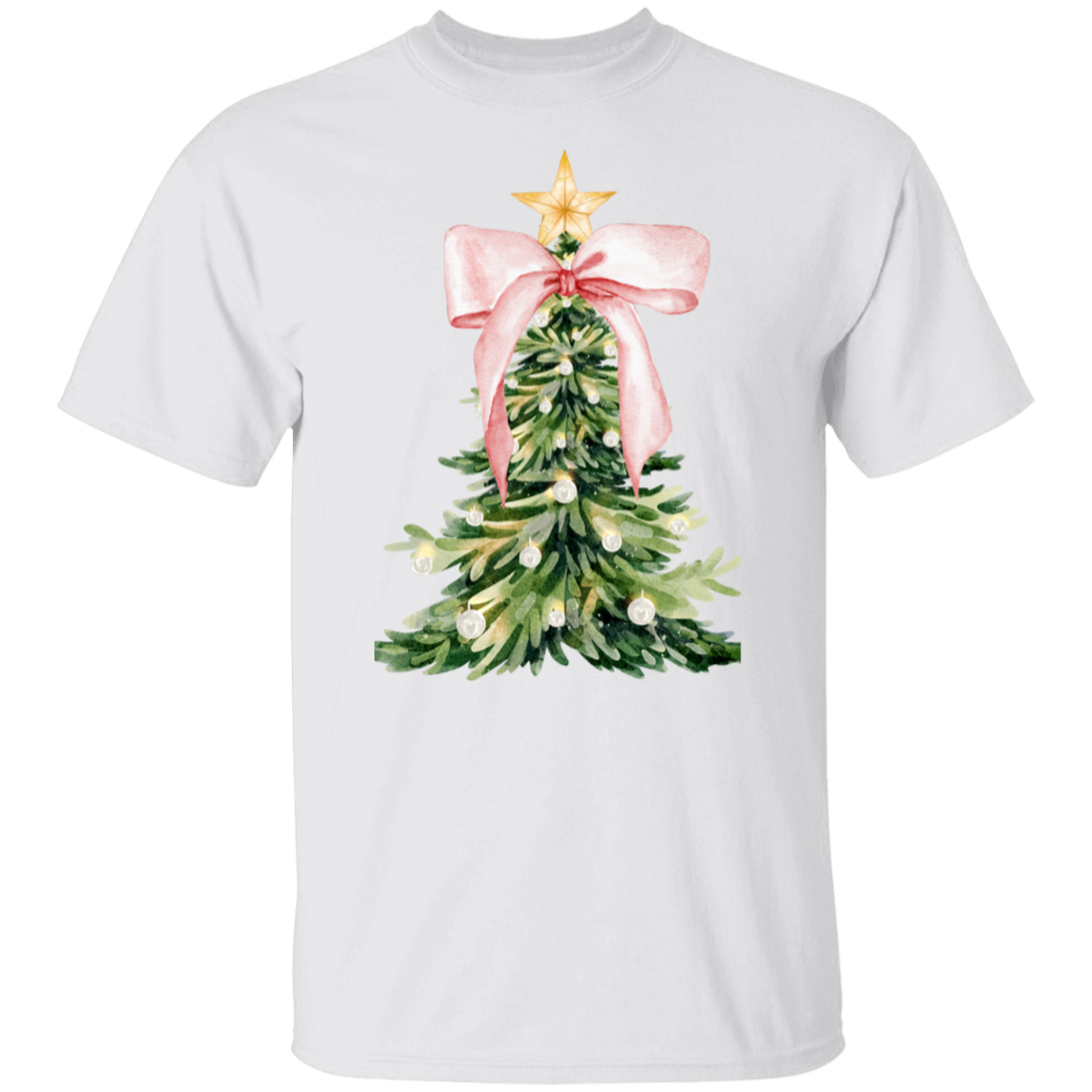 Coquette Christmas Tree Pink Ribbon Gold Star Crewneck T-Shirt / Sweatshirt