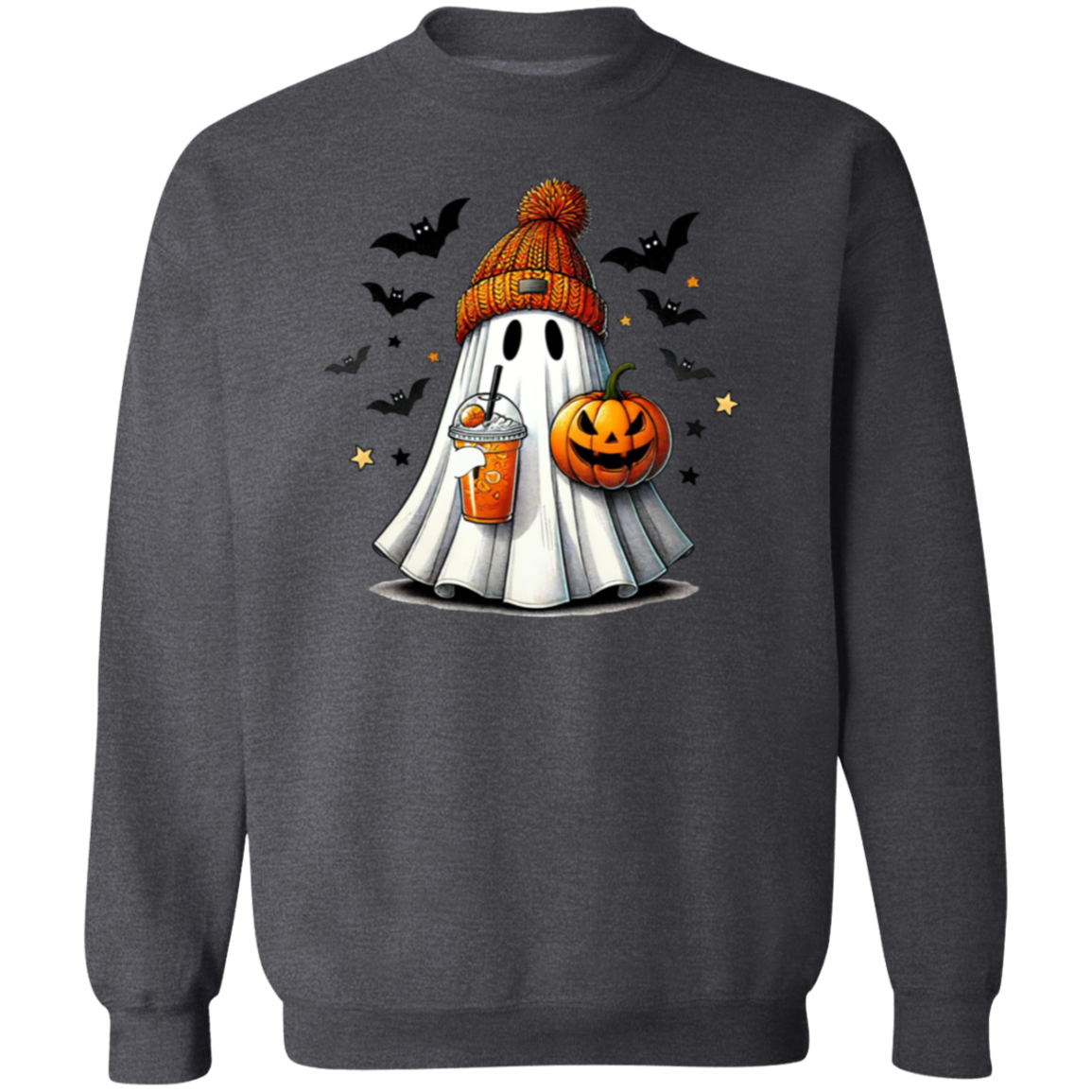 Ghost with Drink and Pumpkin | Cool Ghoul | Crewneck Pullover Sweatshirt
