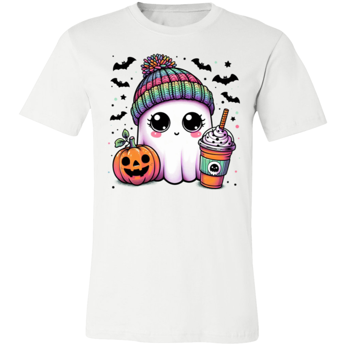 Rainbow Hat Ghost With Latte | Jersey Short-Sleeve T-Shirt | Halloween Spooky