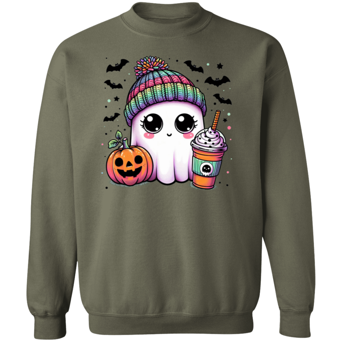Rainbow Hat Happy Ghost With Latte | Crewneck Pullover Sweatshirt | Halloween