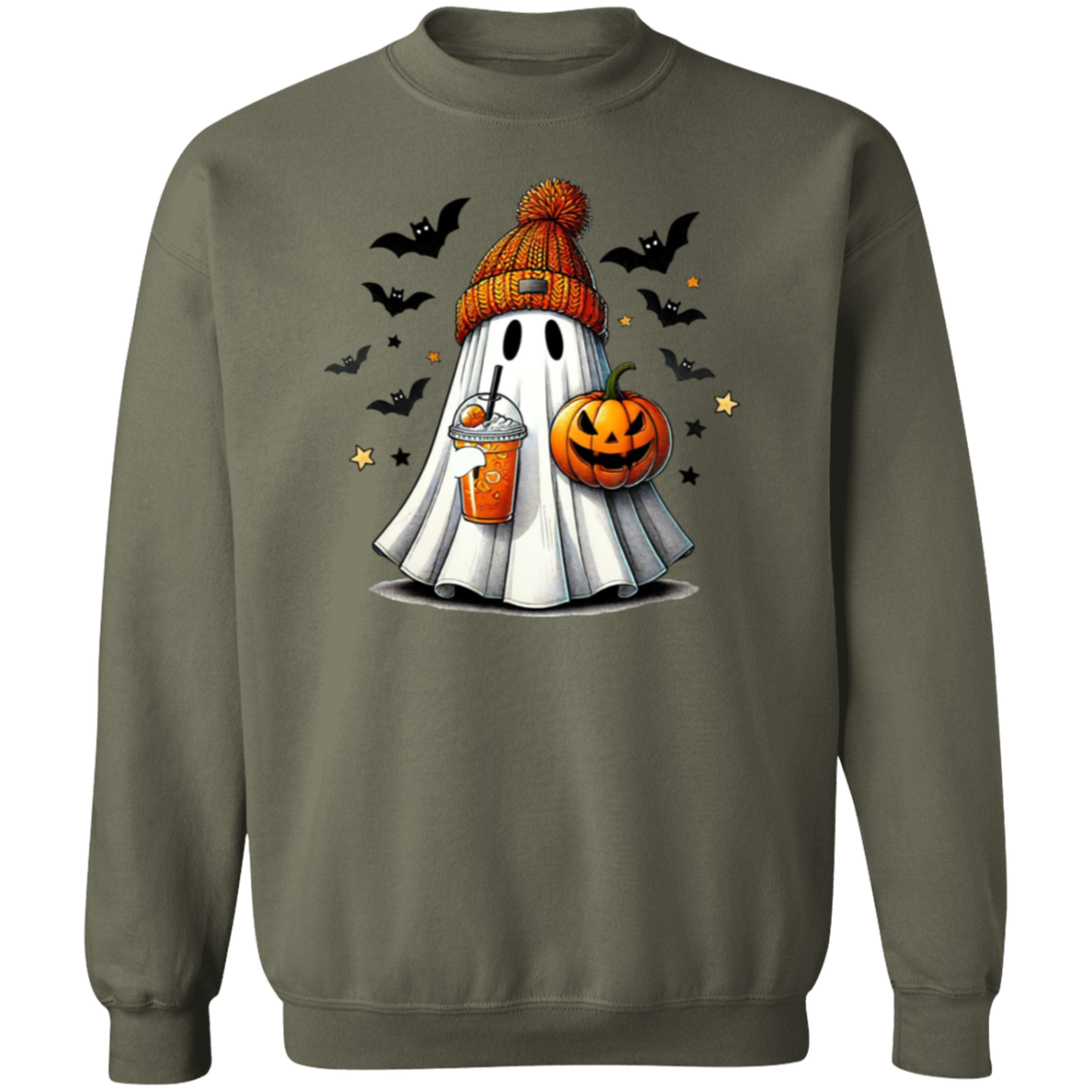 Ghost with Drink and Pumpkin | Cool Ghoul | Crewneck Pullover Sweatshirt