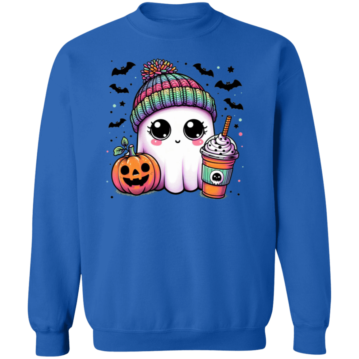 Rainbow Hat Happy Ghost With Latte | Crewneck Pullover Sweatshirt | Halloween