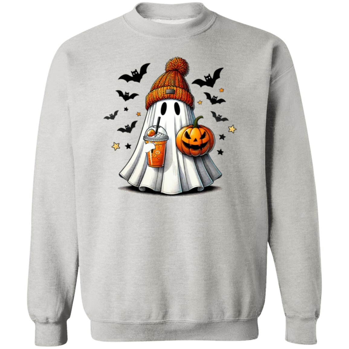 Ghost with Drink and Pumpkin | Cool Ghoul | Crewneck Pullover Sweatshirt