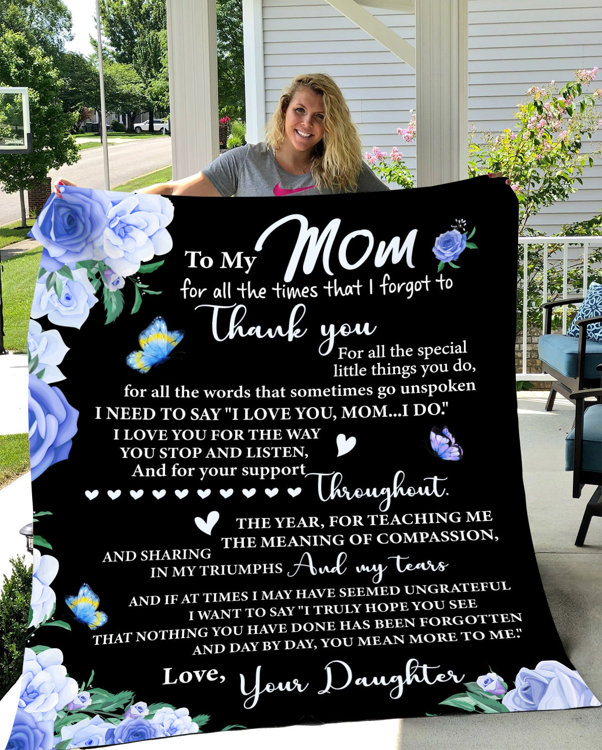 To My Mom | Love Your Daughter | Black and Blue Floral | Premium Sherpa Blanket | 50x60