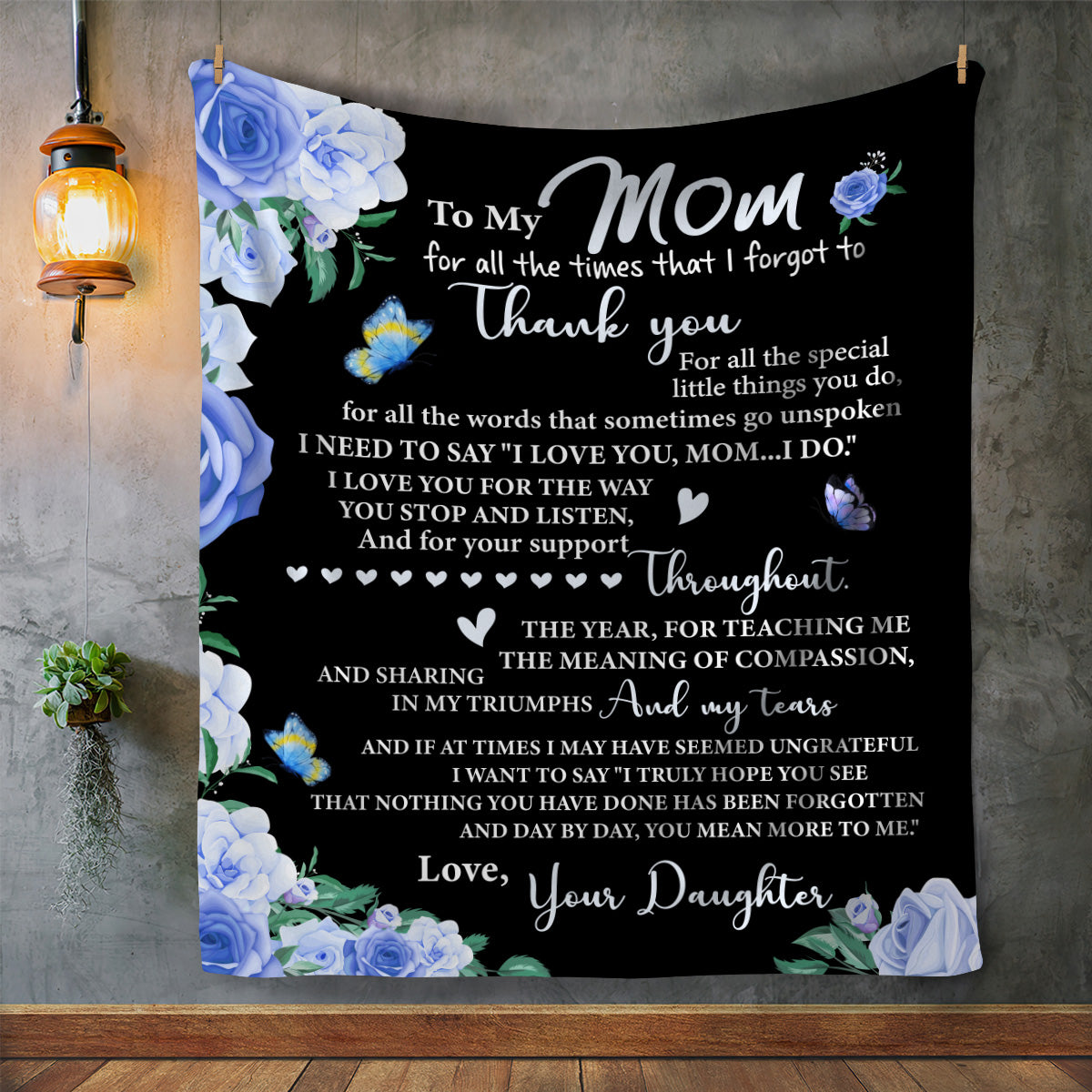 To My Mom | Love Your Daughter | Black and Blue Floral | Premium Sherpa Blanket | 50x60