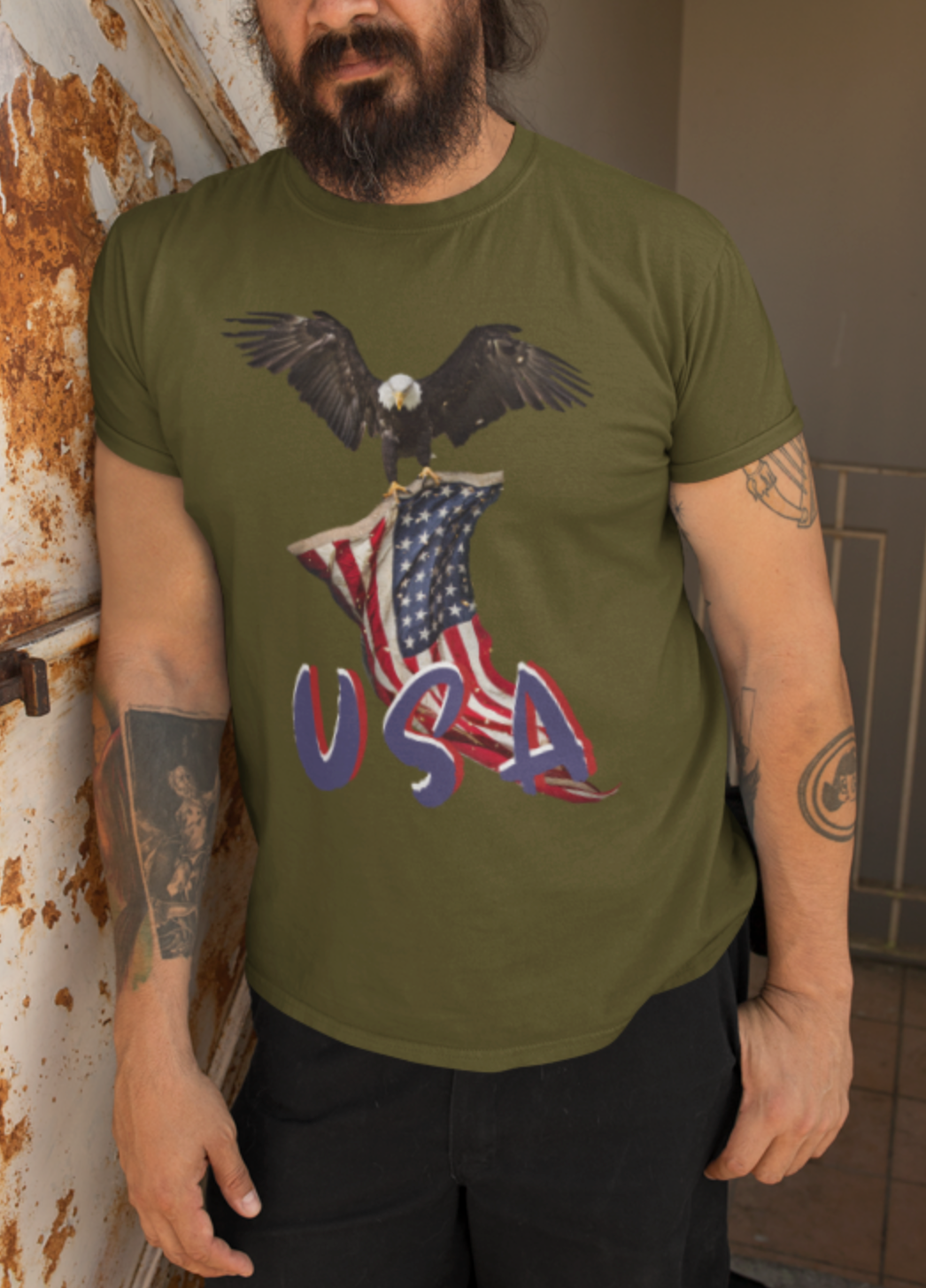 Patriotic Eagle & American Flag T-Shirt | USA Military Veteran Pride Tee | Jersey Short-Sleeve Shirt