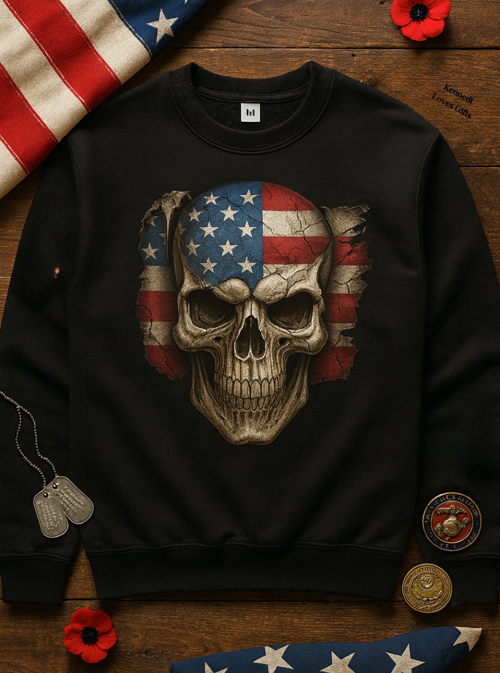 Veterans Day Patriotic Skull & Flag | Black Crewneck Sweatshirt