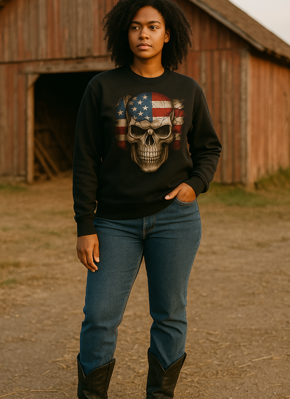 Veterans Day Patriotic Skull & Flag | Black Crewneck Sweatshirt