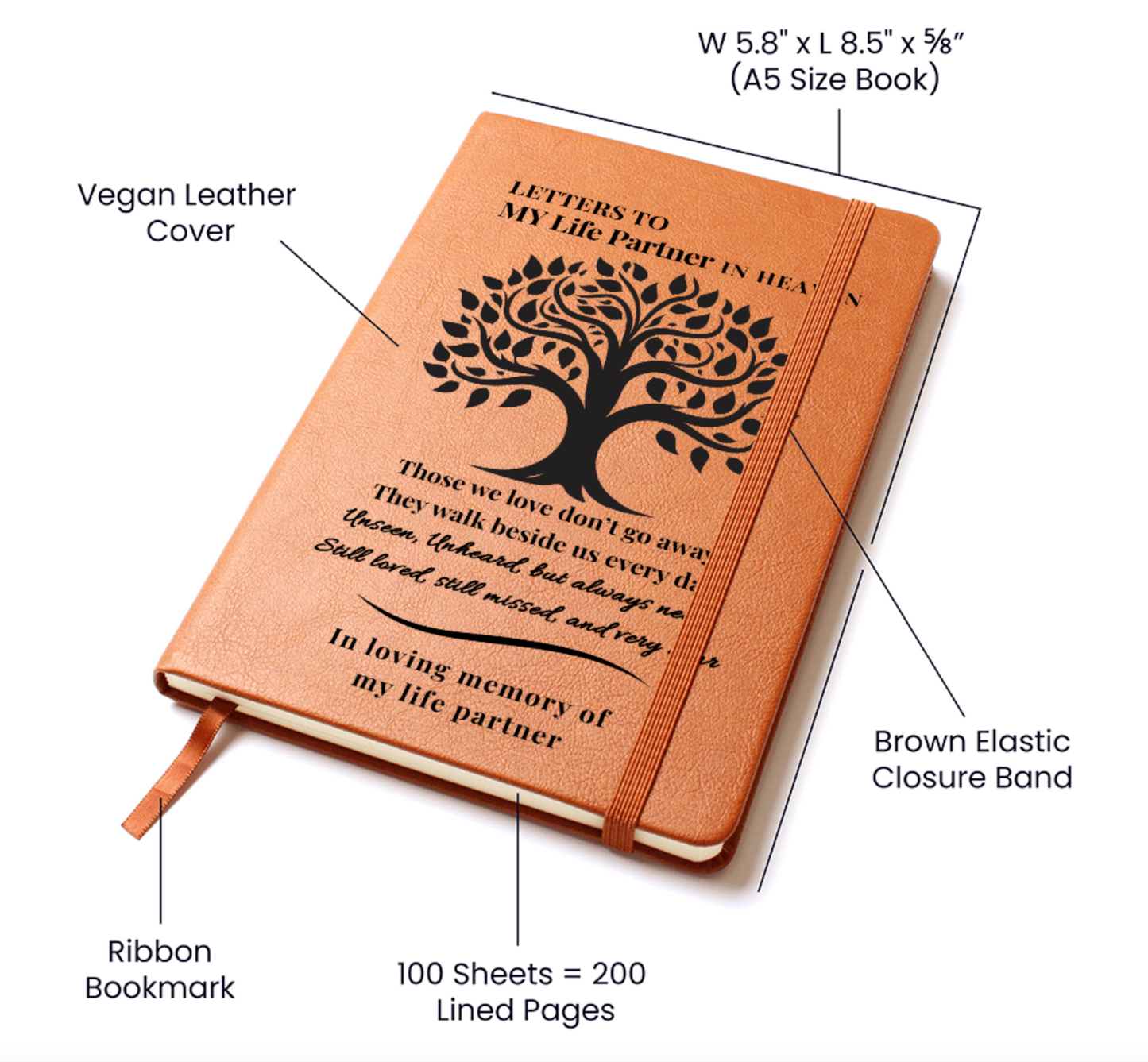 Letters To My Life Partner in Heaven | Vegan Leather Journal | Sympathy Gift |  Remembrance Keepsake