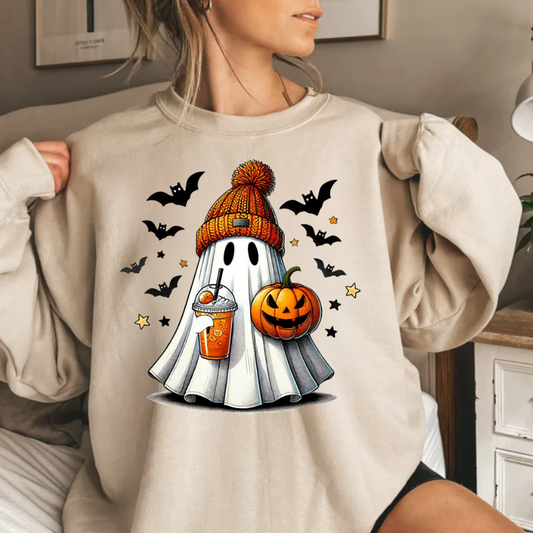 Ghost with Drink and Pumpkin | Cool Ghoul | Crewneck Pullover Sweatshirt