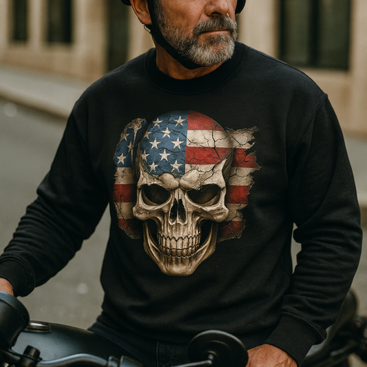 Veterans Day Patriotic Skull & Flag | Black Crewneck Sweatshirt