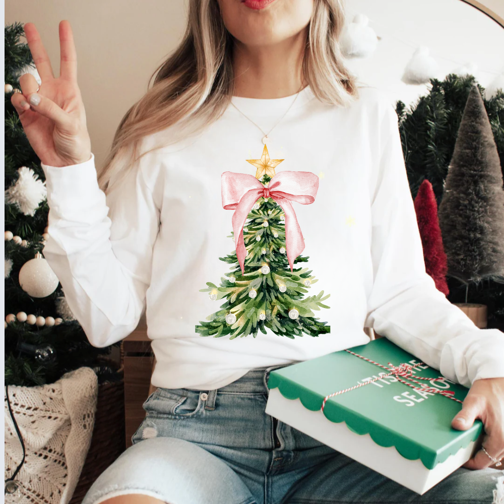 Coquette Christmas Tree Pink Ribbon Gold Star Crewneck T-Shirt / Sweatshirt
