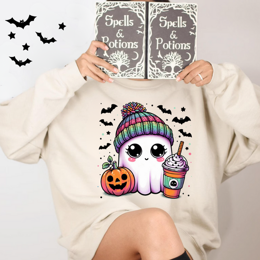 Rainbow Hat Happy Ghost With Latte | Crewneck Pullover Sweatshirt | Halloween