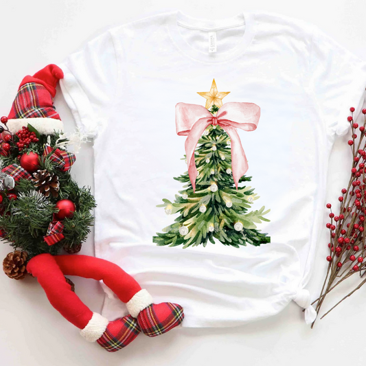 Coquette Christmas Tree Pink Ribbon Gold Star Crewneck T-Shirt / Sweatshirt