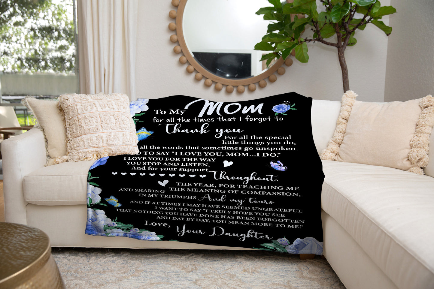 To My Mom | Love Your Daughter | Black and Blue Floral | Premium Sherpa Blanket | 50x60